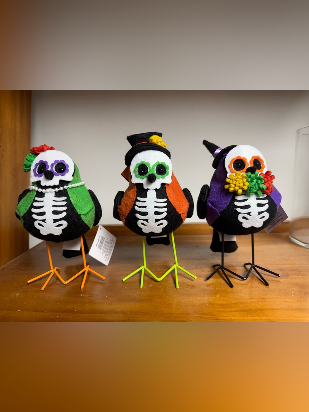 Halloween Skeleton Bird Plush in Orange and Black. Set of 3.